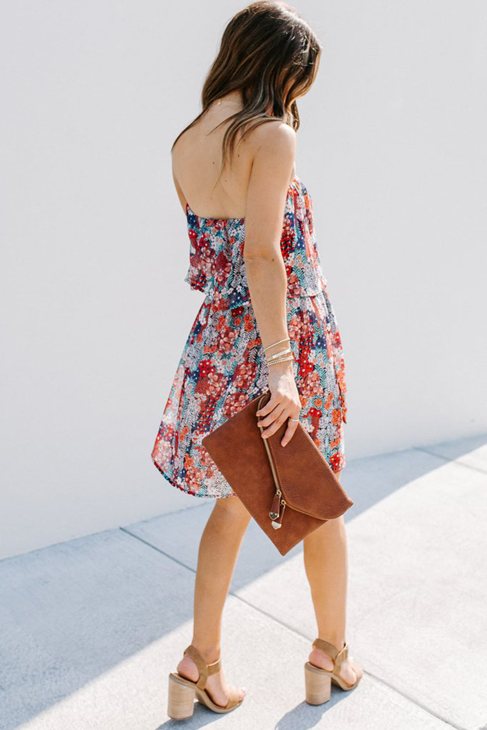 Floral Print Tiered Ruffled Bandeau Mini Dress