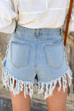 Sequin Pannel Frayed Tassel Hem Denim Shorts