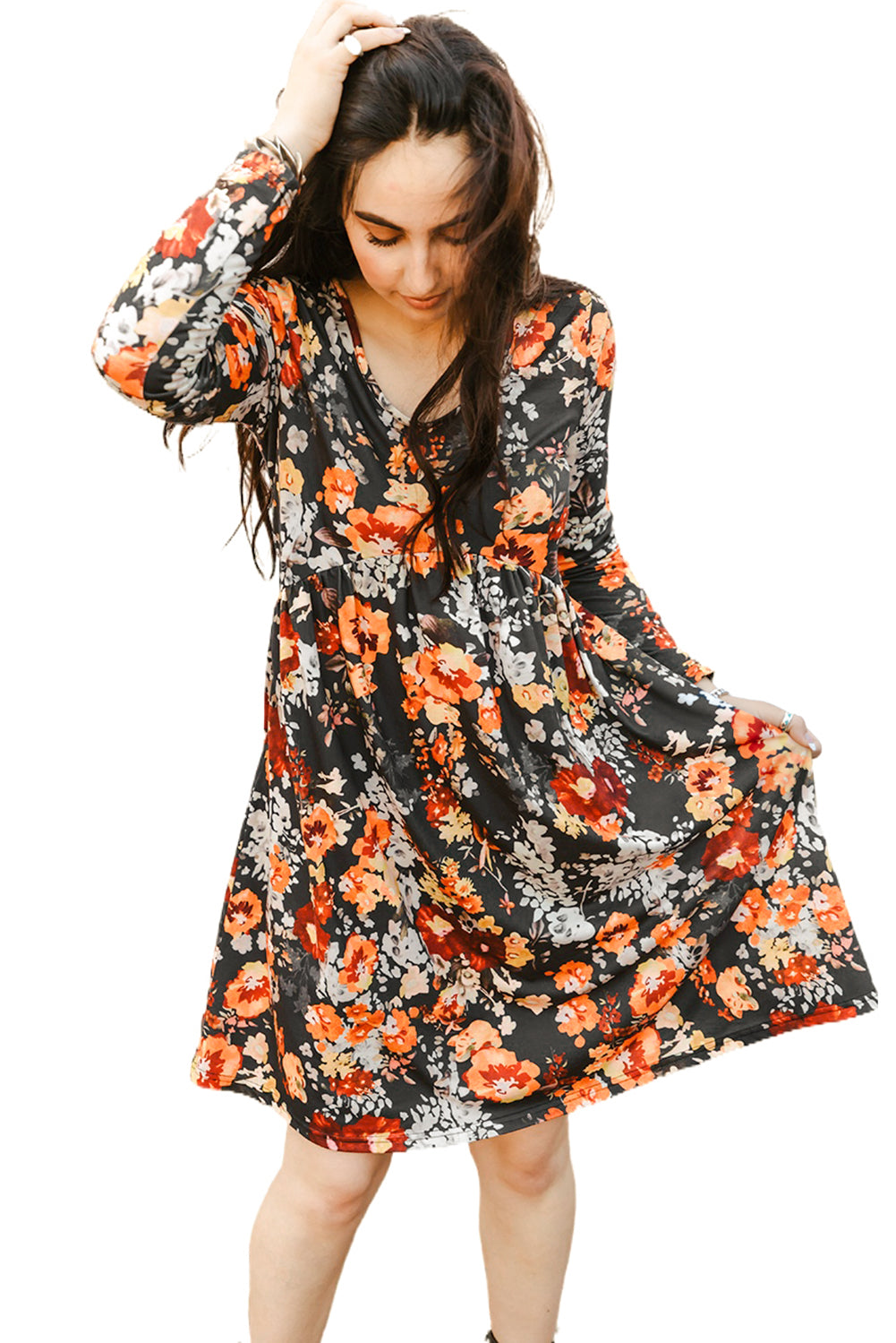 Floral Print Ruched Long Sleeve Dress