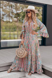 Green Paisley Printed Ruffle Trim Elegant Maxi Dress