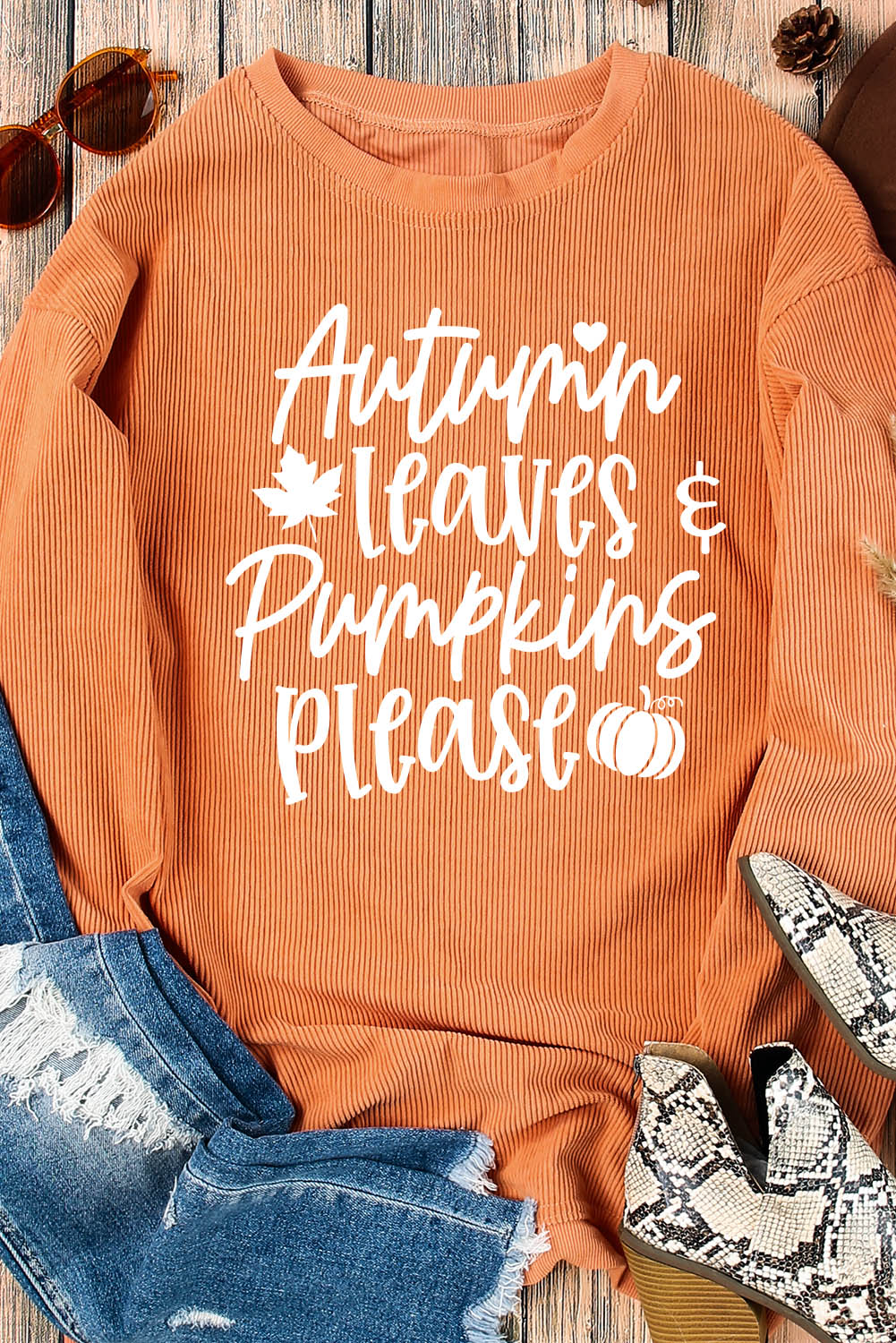 Orange Autumn Leaves Pumpkins Please Ribbed Oversized Sweatshirt