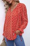 Red Printed Long Sleeve V-Neck Drawstring Shirt