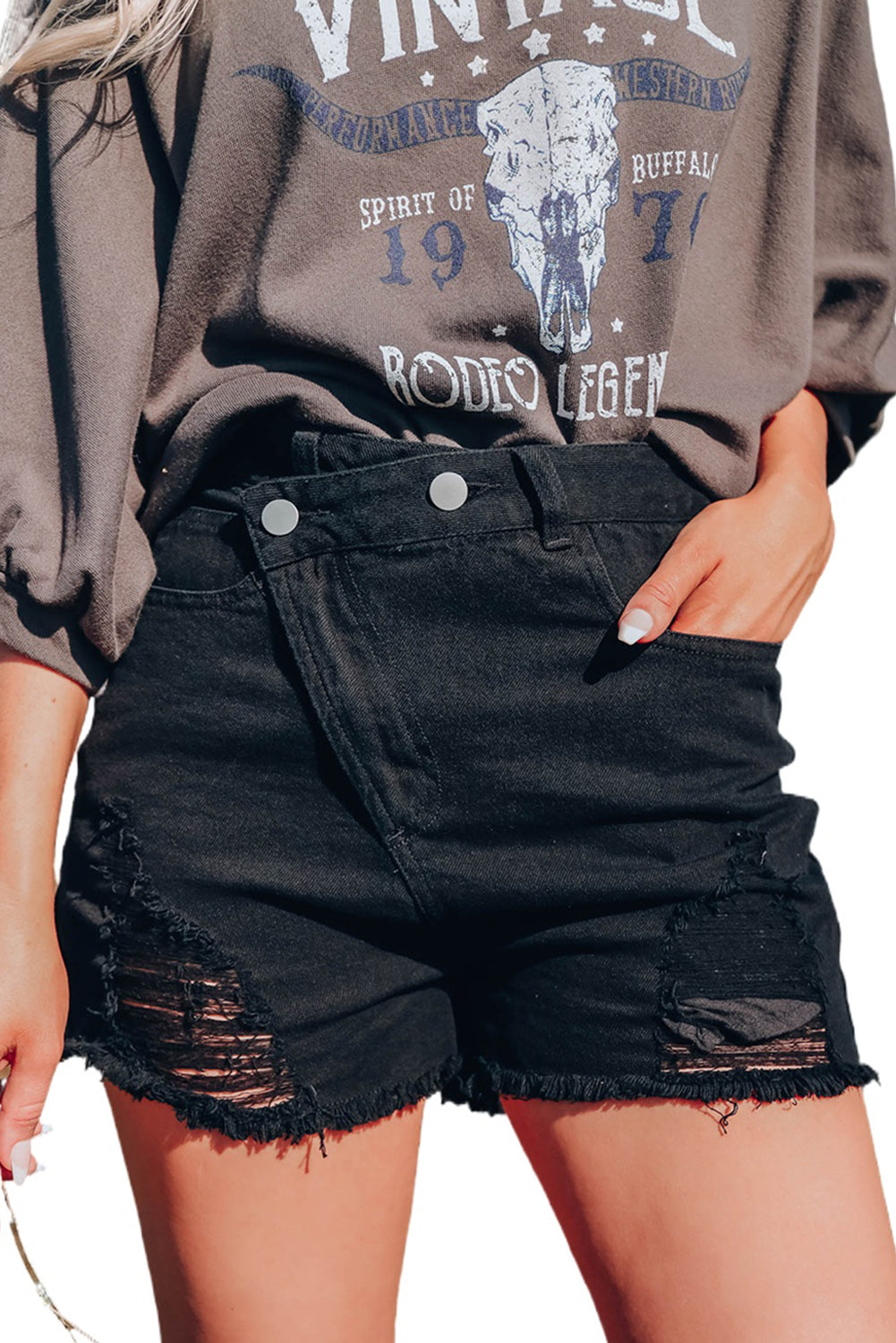 Short en denim déchiré asymétrique noir 