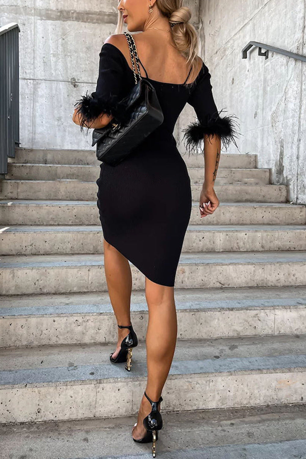 Ribbed Off Shoulder Feather Cuff Bodycon Dress