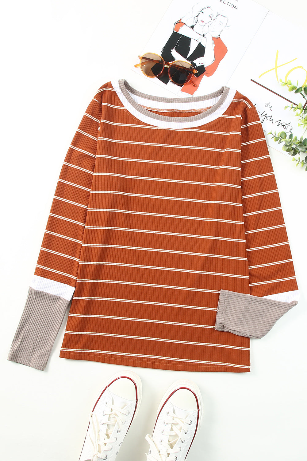 Extend Color Block Cuffs Rib Knit Striped Pullover