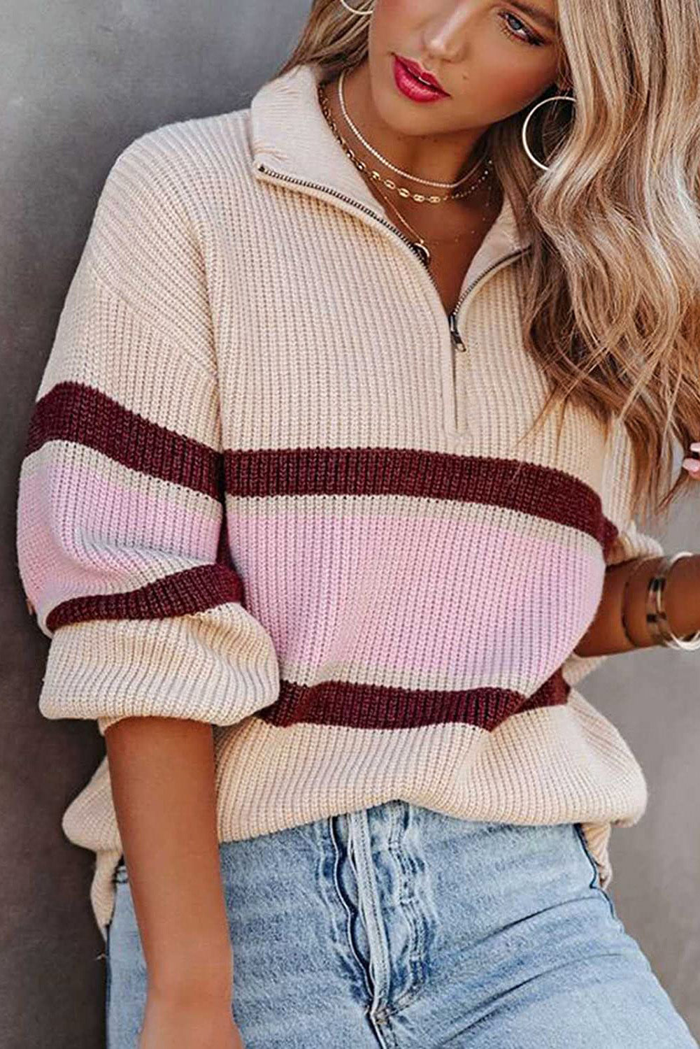 Striped Color Block Knit Zip Collared Sweater