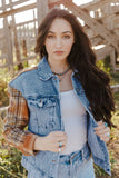 Medium Wash Plaid Sleeves Denim Jacket