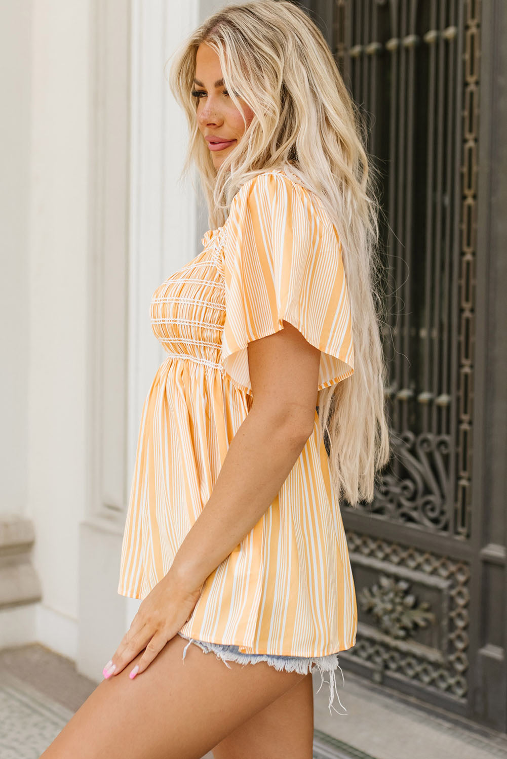 Striped Print Smocked Flowy Blouse