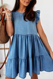 Crew Neck Flutter Tiered A-line Chambray Dress