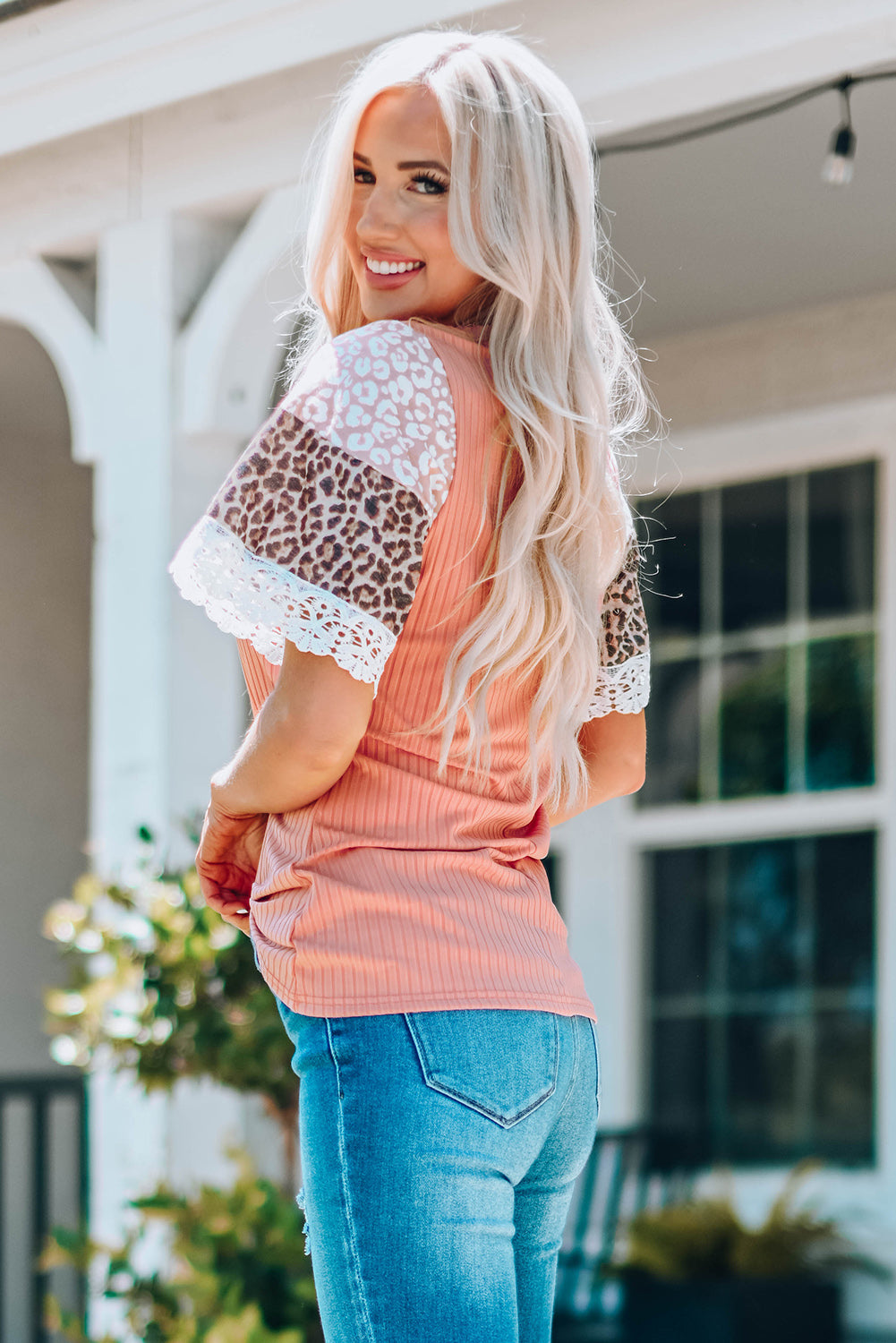 Ribbed Leopard Bell Sleeve Top