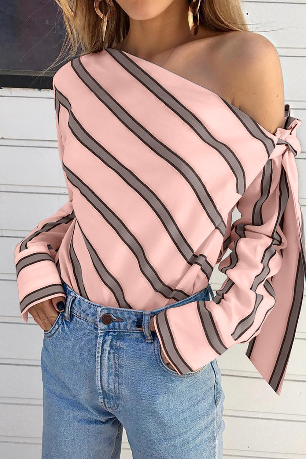 Striped Asymmetric Tied Shoulder Blouse