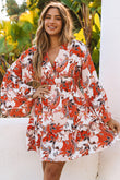 High Waist Bell Sleeve Ruffled Floral Mini Dress