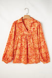 Orange Abstract Print Collared V Neck Babydoll Blouse