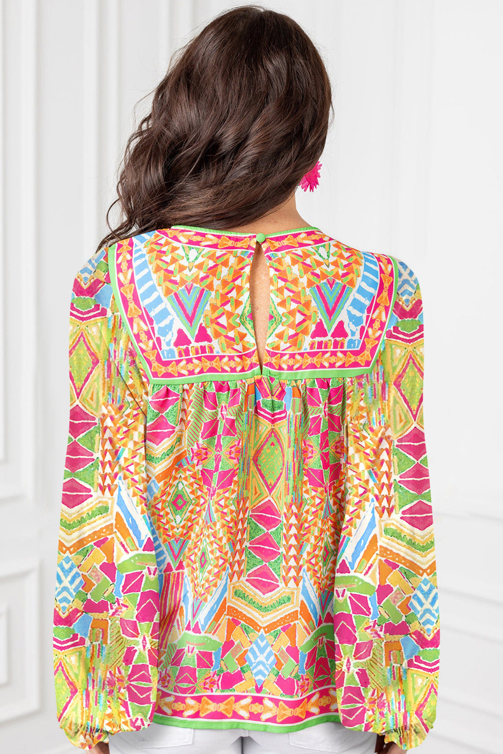 Orange Geometric Print Long Sleeve Keyhole Back Blouse