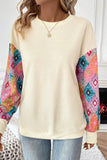 Apricot Geometric Printed Patchwork Long Sleeve Round Neck Top