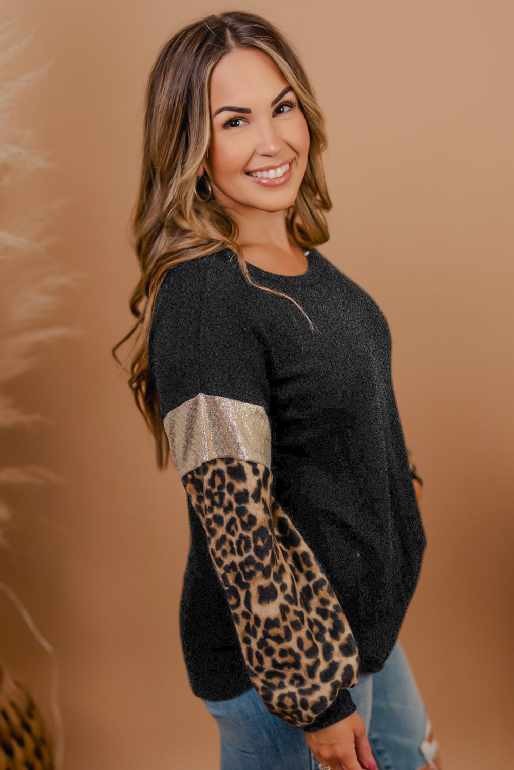 Plus Size Leopard Sequin Long Sleeve Top