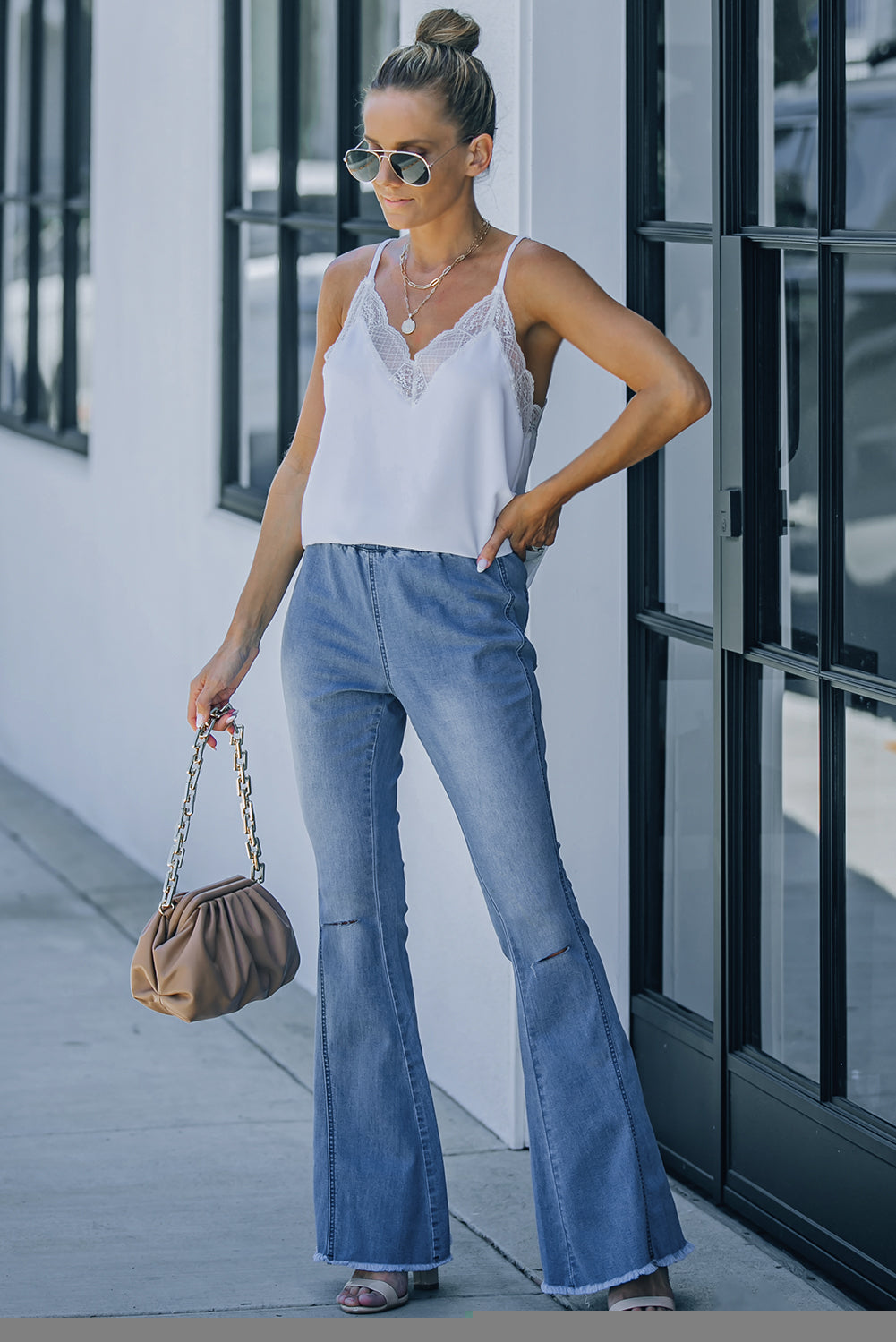 Distressed Bell Bottom Denim Pants