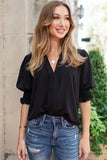 Solid Color Half Sleeve V Neck Blouse