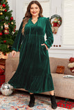 Blackish Green Velvet Frilled up Neck Ruffled High Waist Plus Size Midi Dress