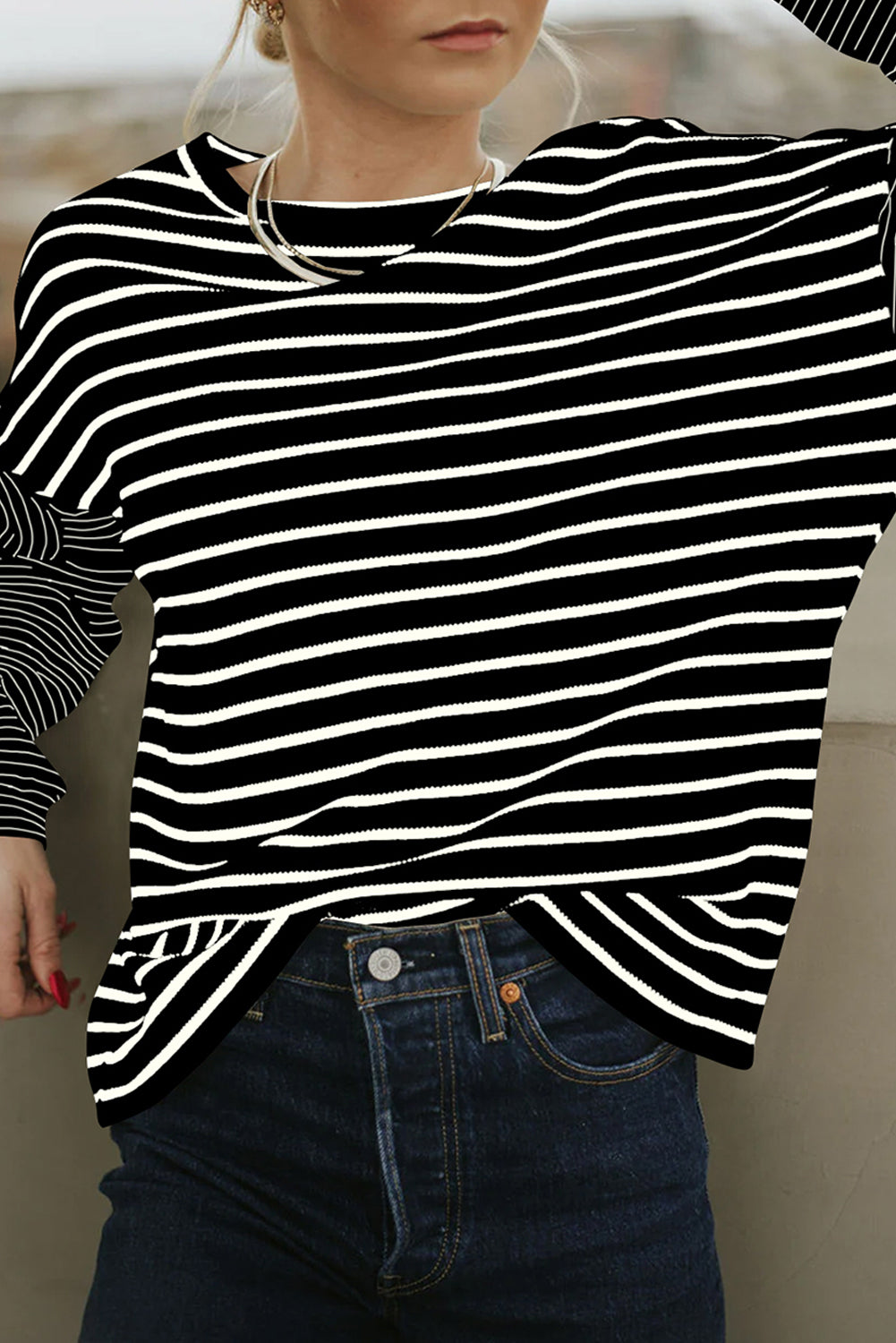 Black Striped Patchwork Loose Long Sleeve Tee