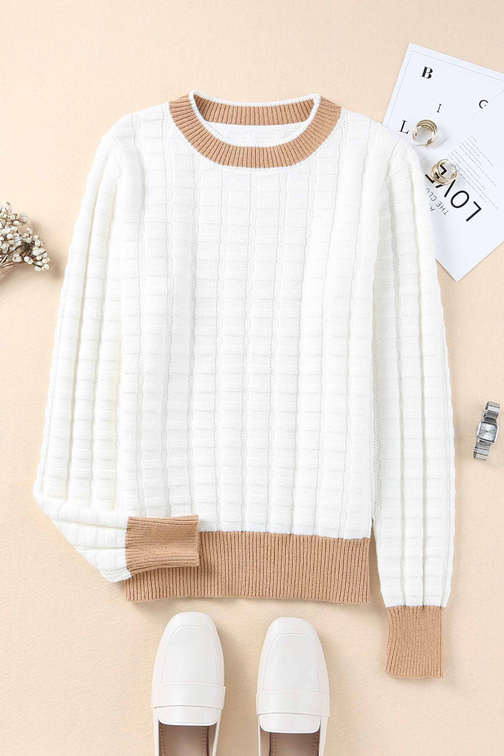 Textured Knit Contrast Long Sleeve Sweater