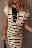 Khaki Stripe Color Block Quarter Zip Collar Short Sleeve Sweater Dress