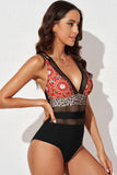 Floral Leopard Splicing Color Block Mesh One Piece Swimsuit