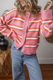 Pink Stripe Drop Shoulder Buttons Cardigan Sweater