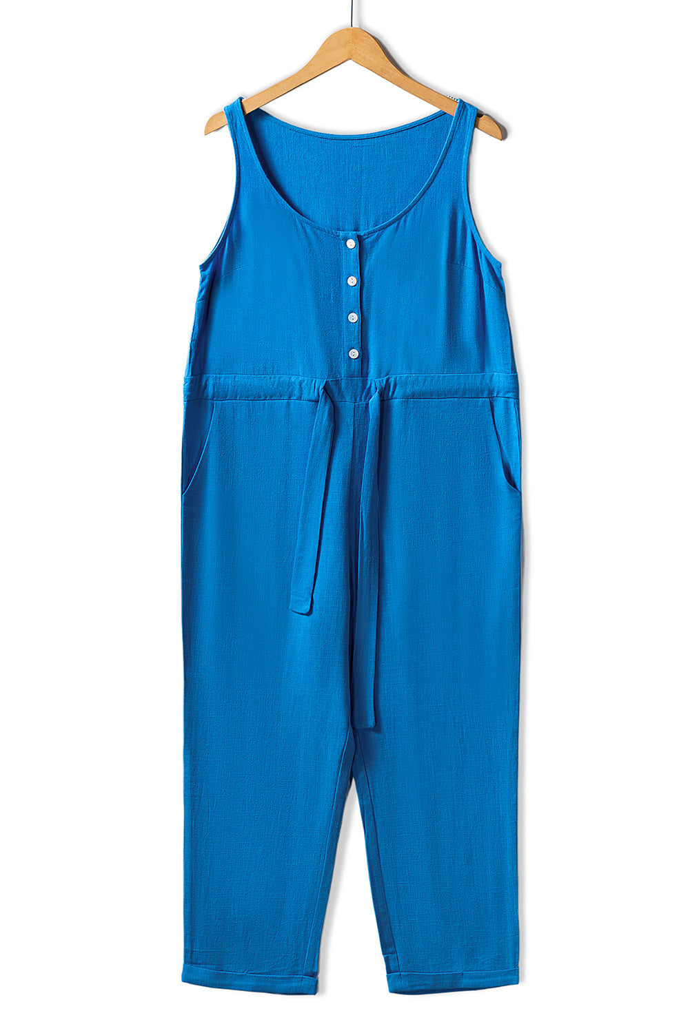 Button Drawstring High Waist Sleeveless Cropped Jumpsuit