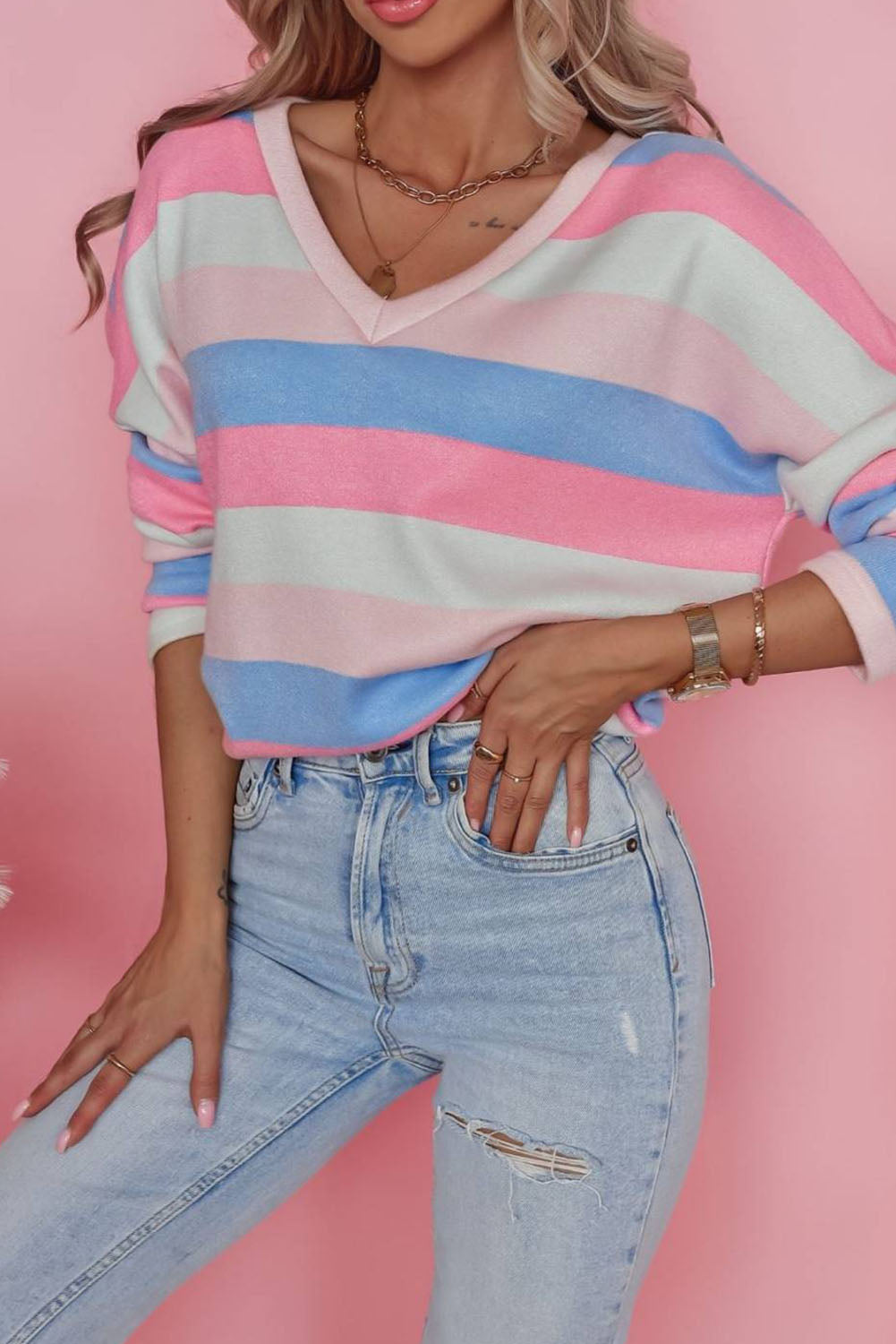 Contrast Striped V Neck Long Sleeve Top