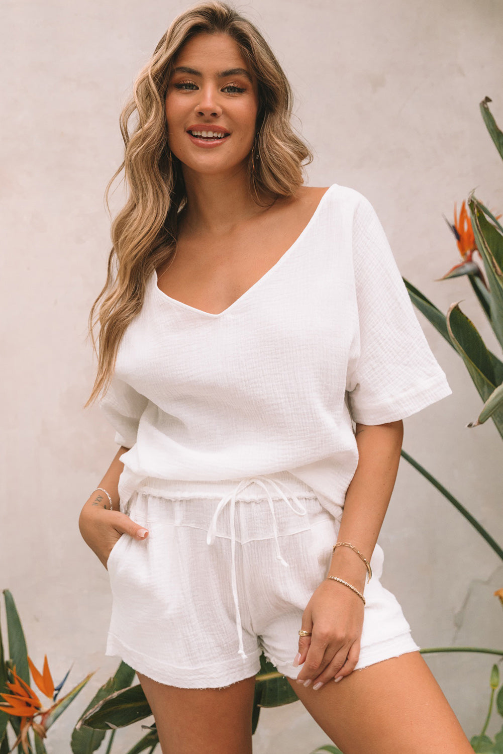 Relaxed V Neck Blouse and Drawstring Raw Hem Shorts Set