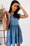 Crew Neck Flutter Tiered A-line Chambray Dress