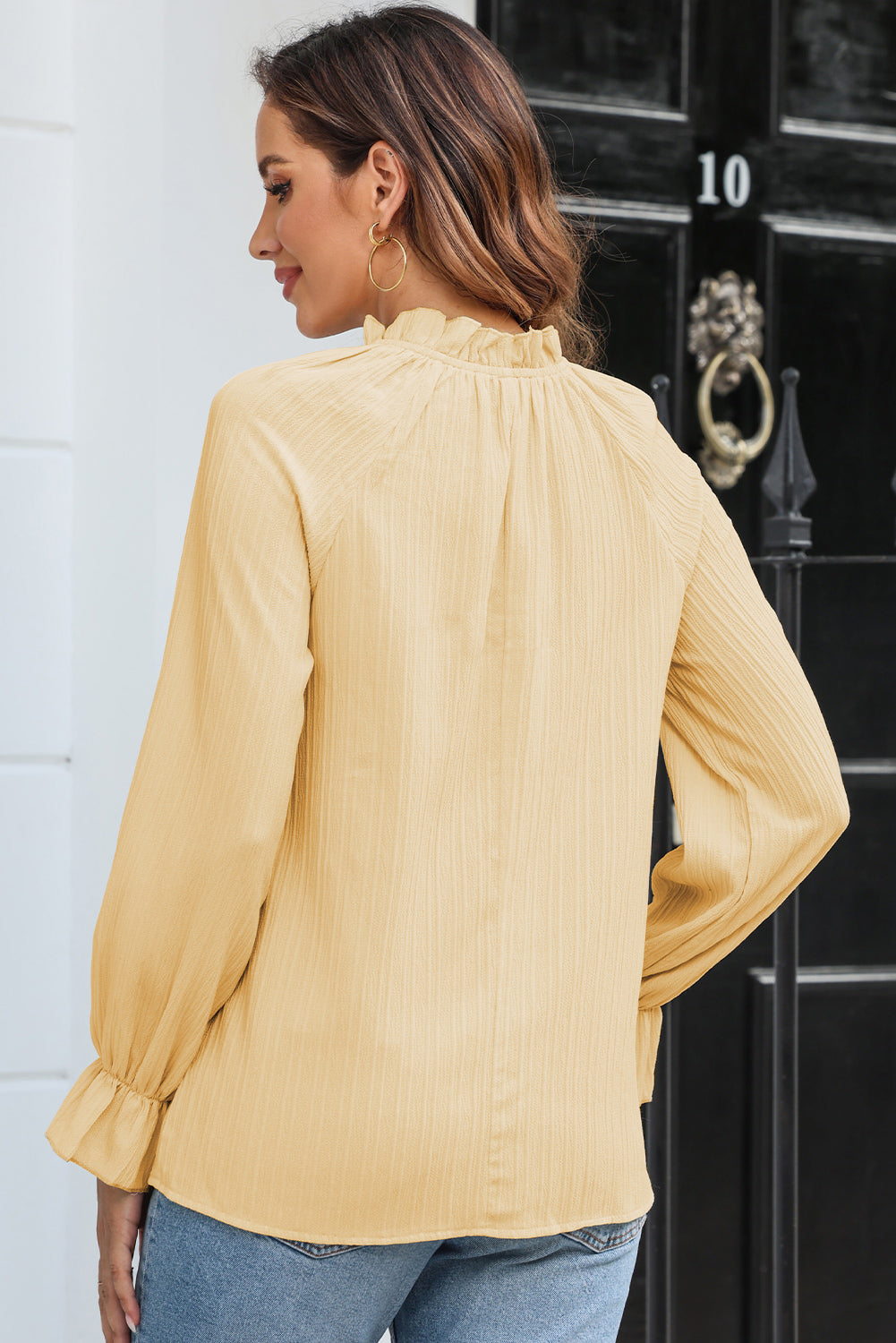 Frilled Mock Neck Ripple Bubble Sleeve Blouse