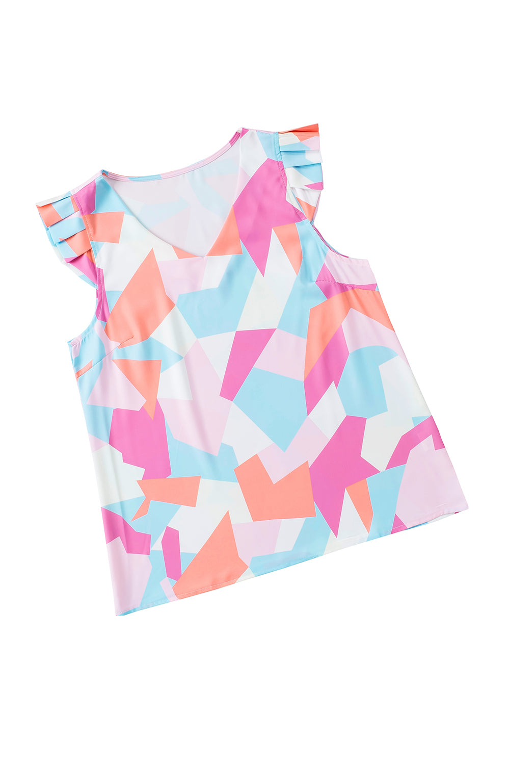 Pastel Geometric Print V-Neck Pleated Cap Sleeve Top