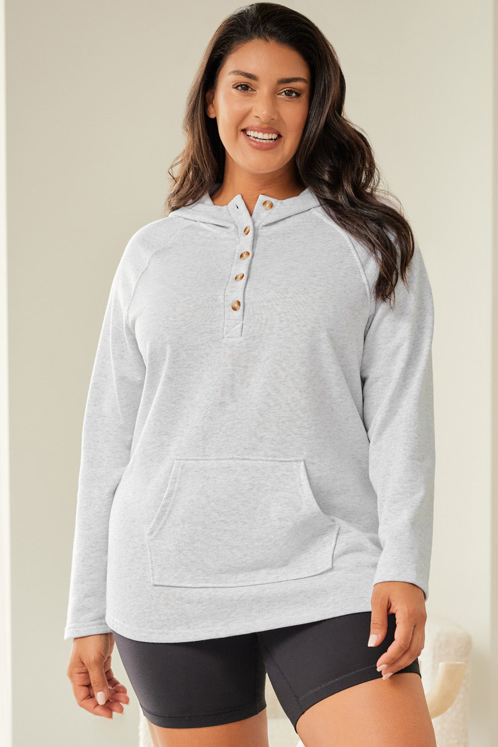 Plus Size Kangaroo Pocket Henley Button Hoodie