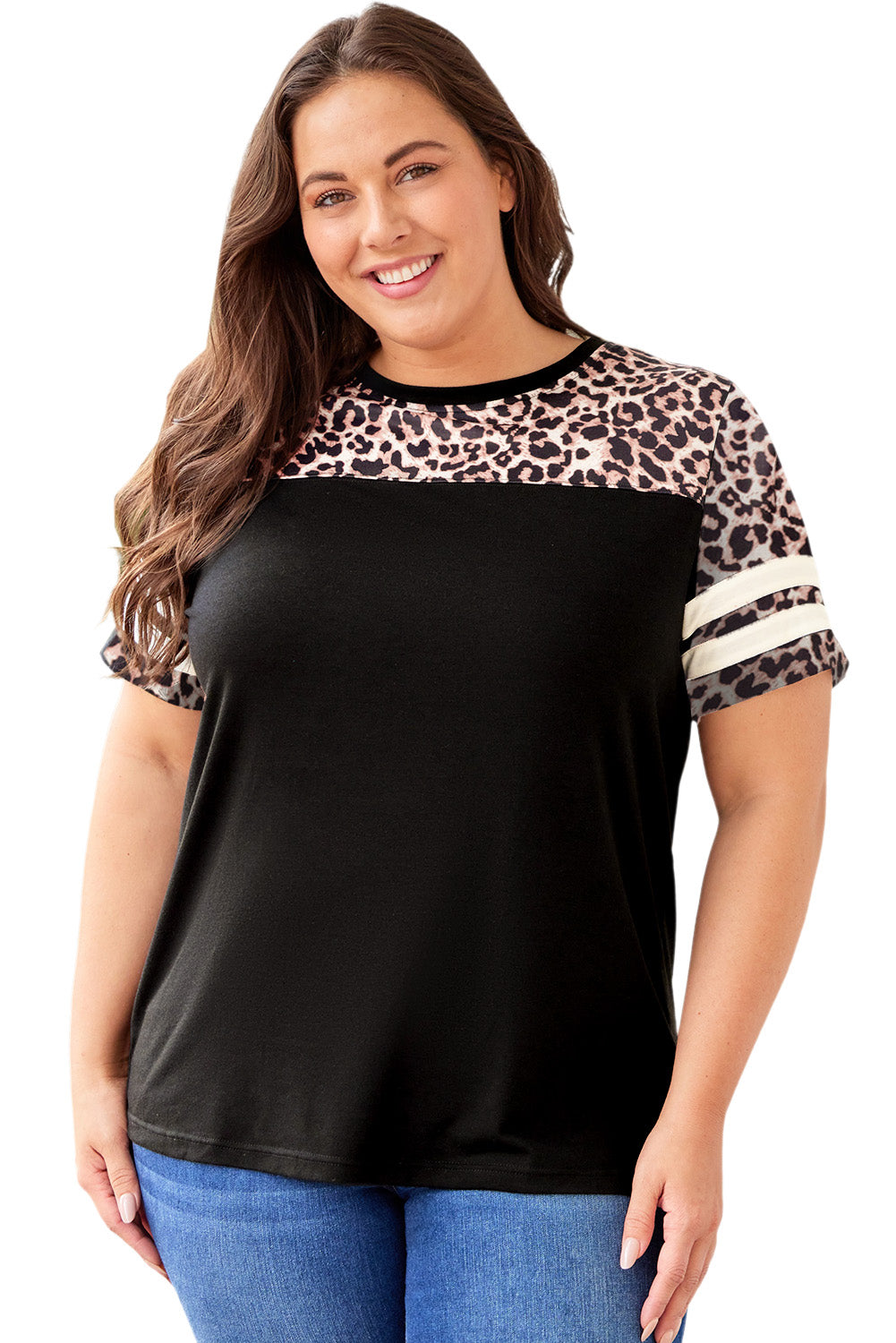 Sequin Striped Patchwork Short Sleeve Plus Size T Shirt