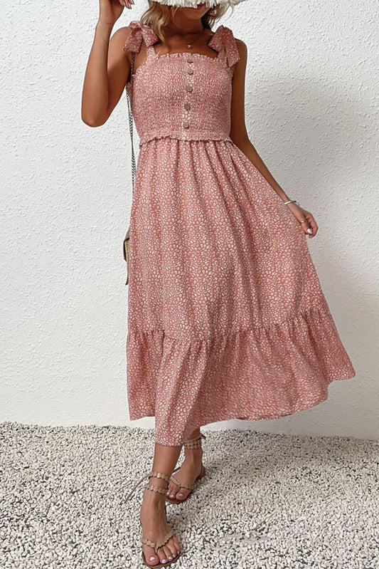 Spotted Tie Shoulder Straps Ruffle Dress