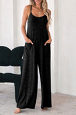 Black Patch Pockets Spaghetti Strap Wide Leg Jumpsuit