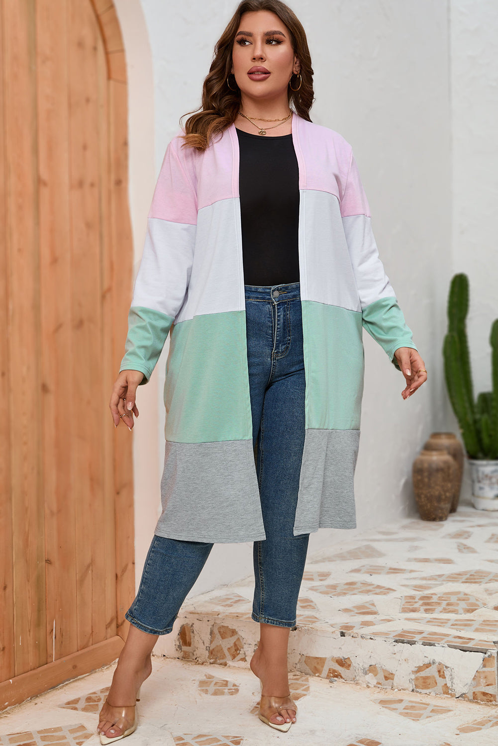 Rose Cardigan Colorblock Ouvert sur le Devant Grande Taille