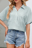 Button Split Neck Collared Short Sleeve Blouse