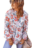 Split Neck Bubble Sleeve Floral Patchwork Blouse