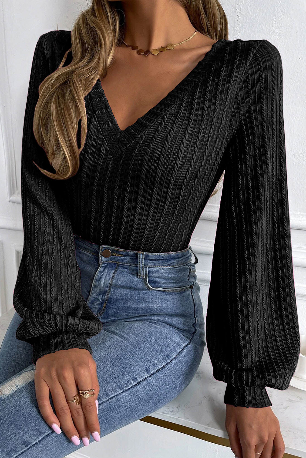 Black Knitted Jacquard V Neck Lantern Sleeve Top