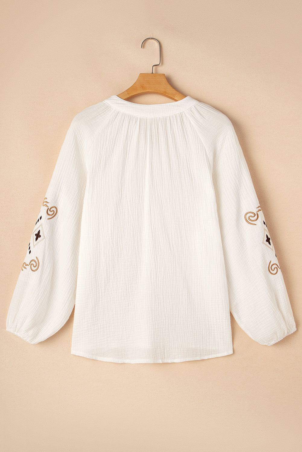 White Embroidered Textured Buttoned Crew Neck Shirt