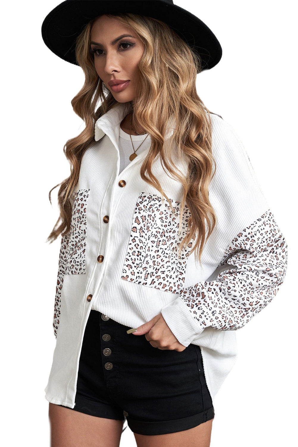 Leopard Patchwork Corduroy Buttoned Shirt Jacket