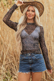 Black Western Rodeo Printed Mock Neck Long Sleeve Mesh Top