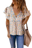 Crisscross V Neck Ruffle Sleeve Printed Flowy Blouse