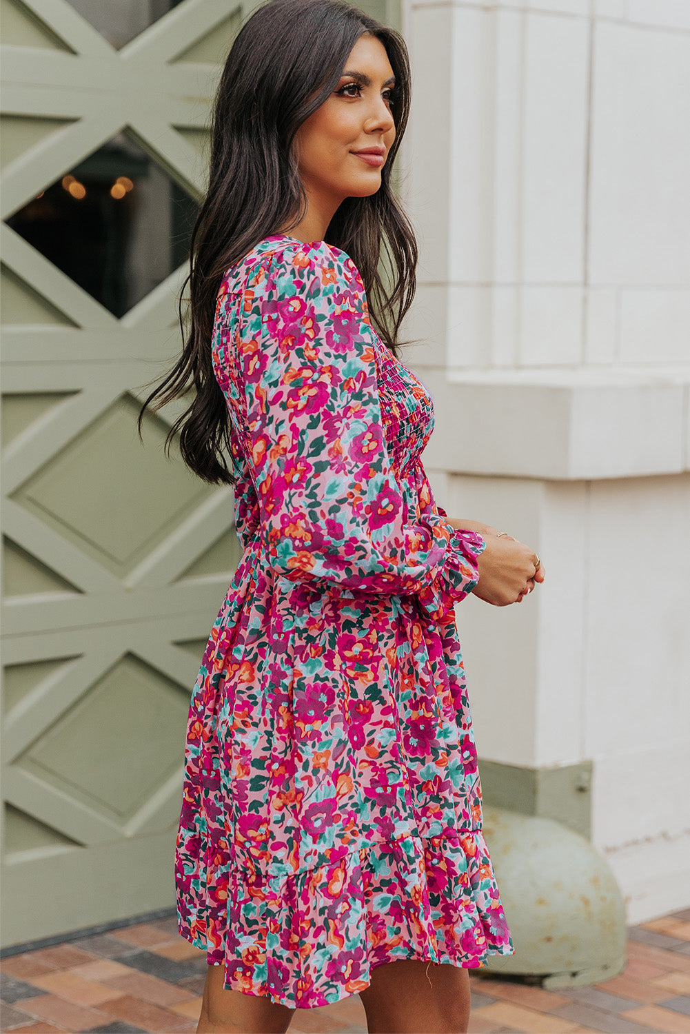 Smocked V Neck Puffy Sleeve Floral Dress