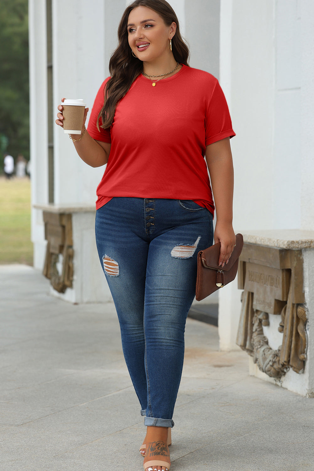 Khaki Casual Plain Crew Neck Tee