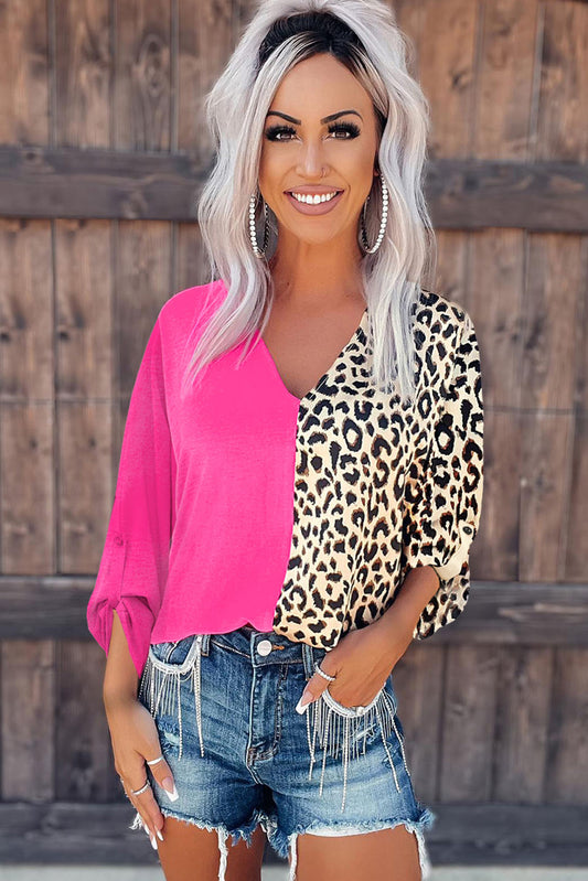 Leopard Color Block Roll Tab Sleeve V Neck Top