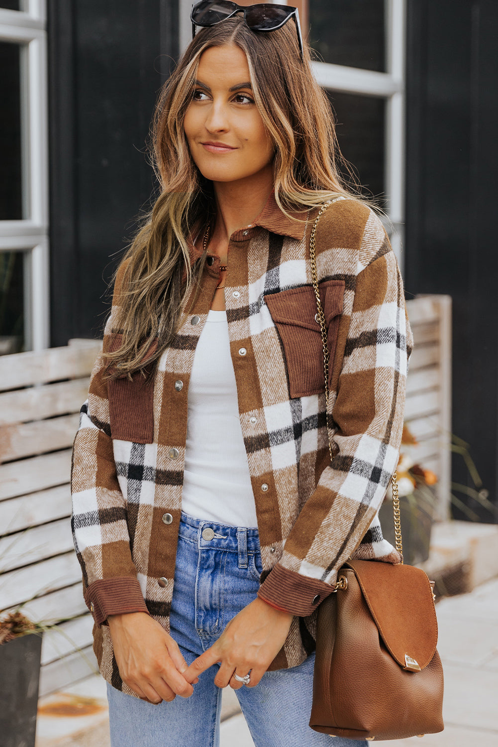 Veste-chemise à carreaux boutonnée et avec poches marron